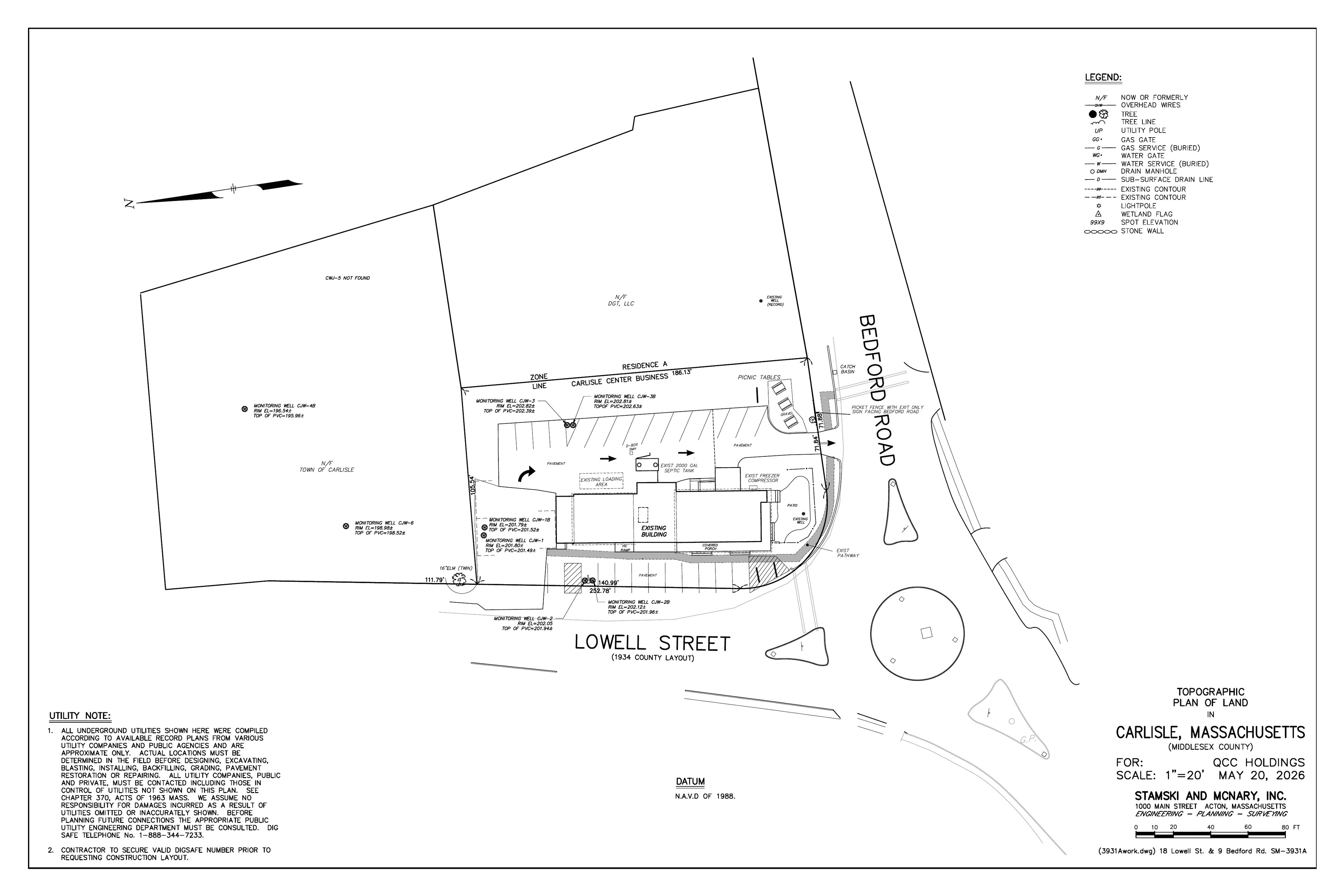 May 2026 engineering site plan for the Ferns property at 18 Lowell Street and 9 Bedford Road