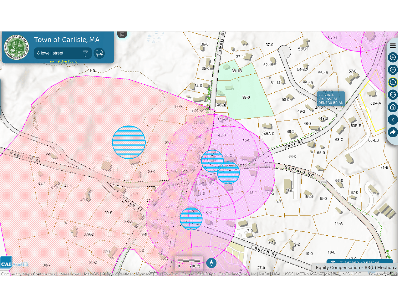 Carlisle GIS view of the Ferns parcel and nearby wellhead protection areas