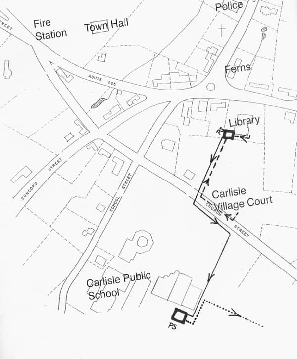 Working Carlisle town center wastewater connection diagram showing Ferns, the library, public safety buildings, Town Hall, Village Court, and the school treatment facility